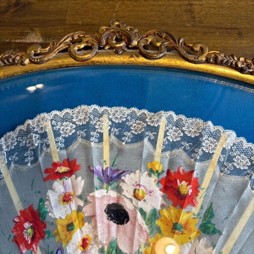 Ornate Victorian Hand Painted Fan In Frame Bubble French Shadow Box Brass Wall